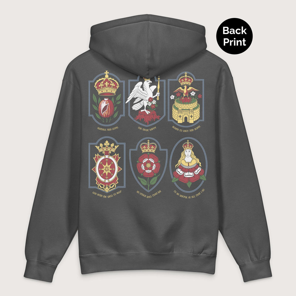 Charcoal Solid Six Wives Badges - Premium Hoodie - Back Print - history buff gift by HistoHead