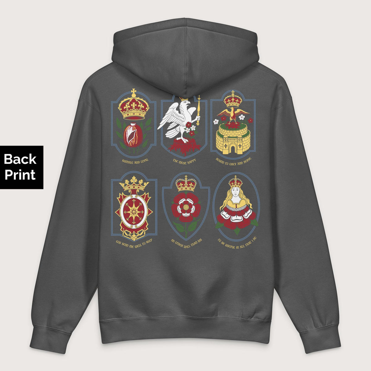 Charcoal Solid Six Wives Badges - Premium Hoodie - Back Print - history buff gift by HistoHead