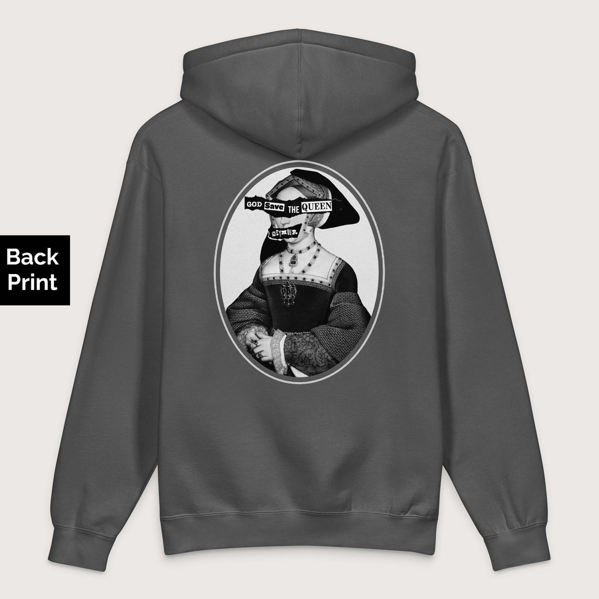 Charcoal Solid God Save the Queen Jane Seymour - Premium Hoodie - Back Print - history buff gift by HistoHead