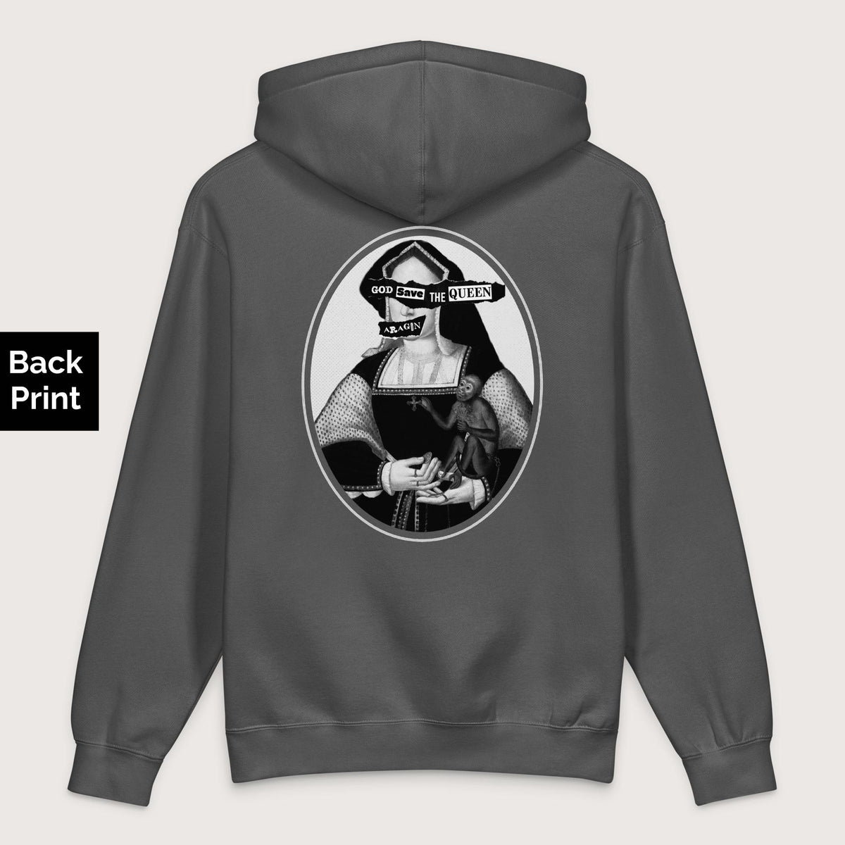 Charcoal Solid God Save the Queen Katherine of Aragon - Premium Hoodie - Back Print - history buff gift by HistoHead