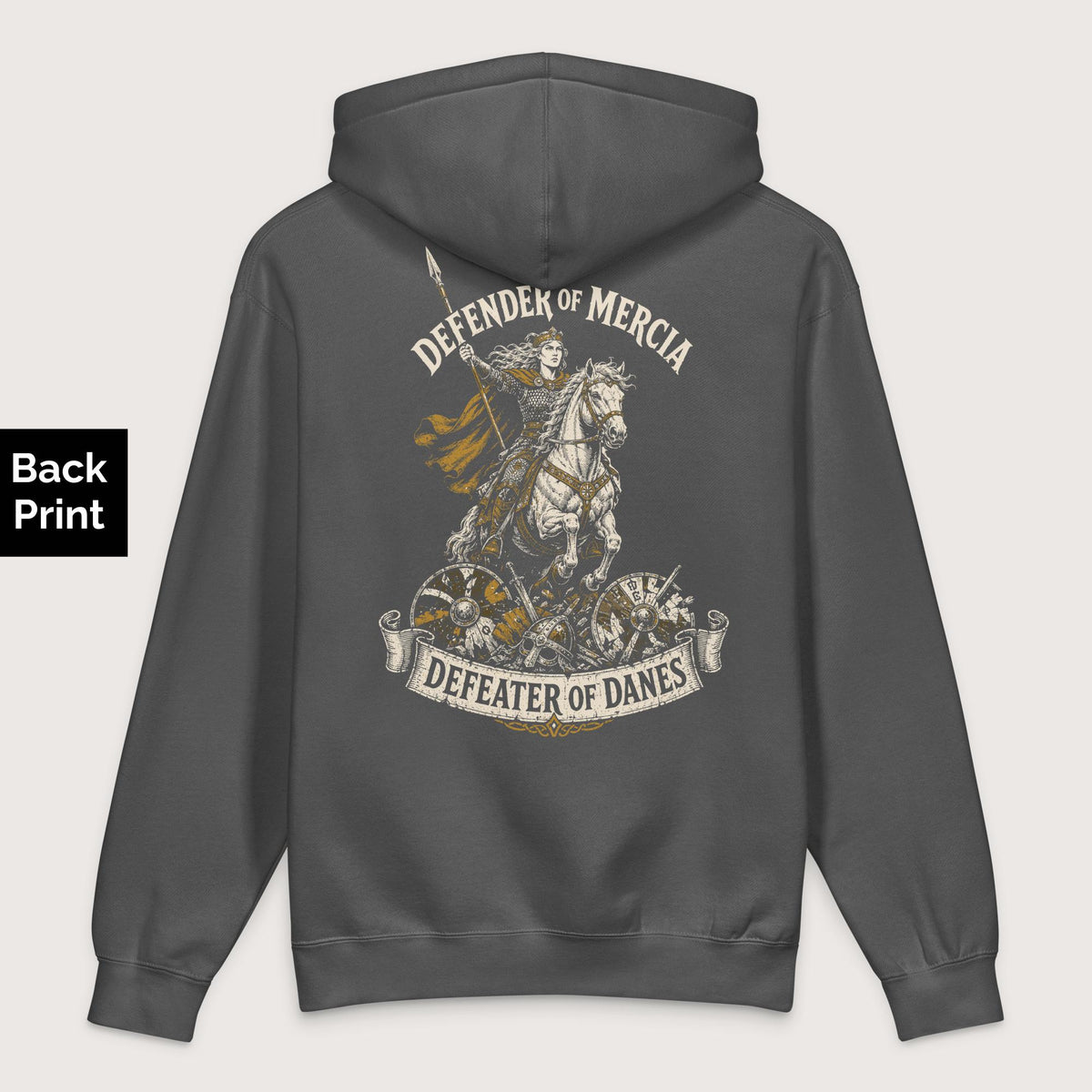 Charcoal Solid Æthelflæd Defender of Mercia - Premium Hoodie - Back Print - history buff gift by HistoHead