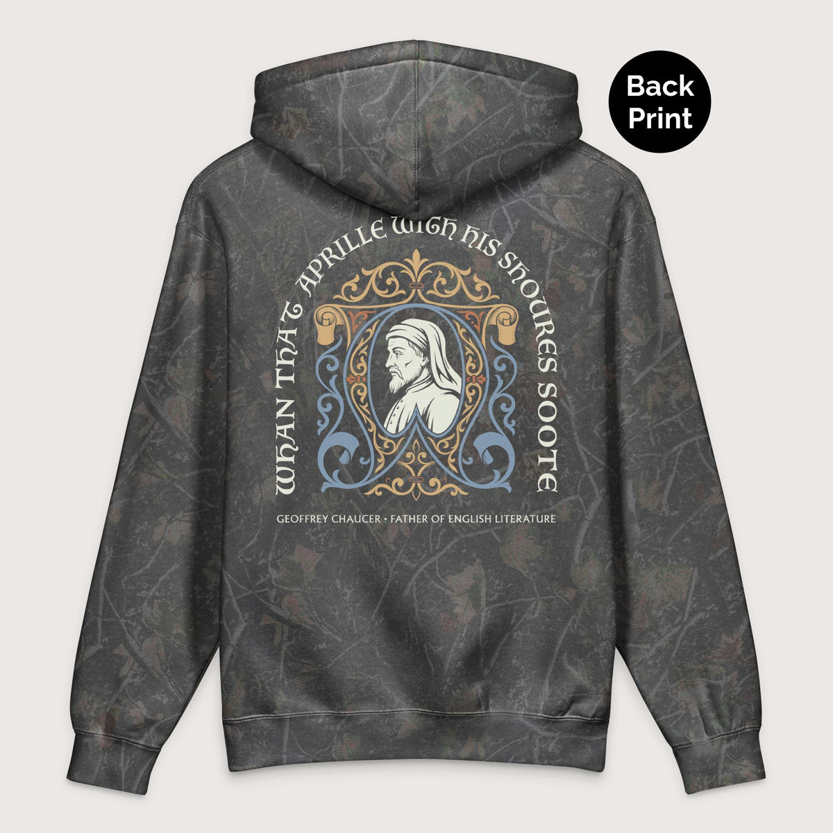 Darkwood Tree Camo Geoffrey Chaucer - Premium Hoodie - Back Print - history buff gift by HistoHead