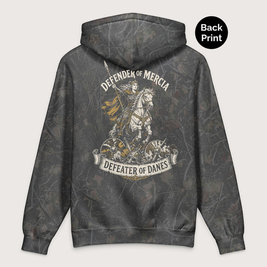Darkwood Tree Camo Æthelflæd Defender of Mercia - Premium Hoodie - Back Print - history buff gift by HistoHead