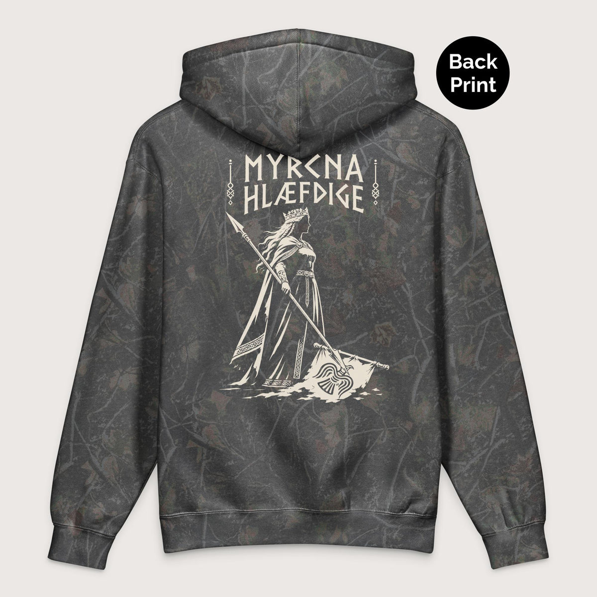 Darkwood Tree Camo Æthelflæd Myrcna Hlæfdige - Premium Hoodie - Back Print - history buff gift by HistoHead