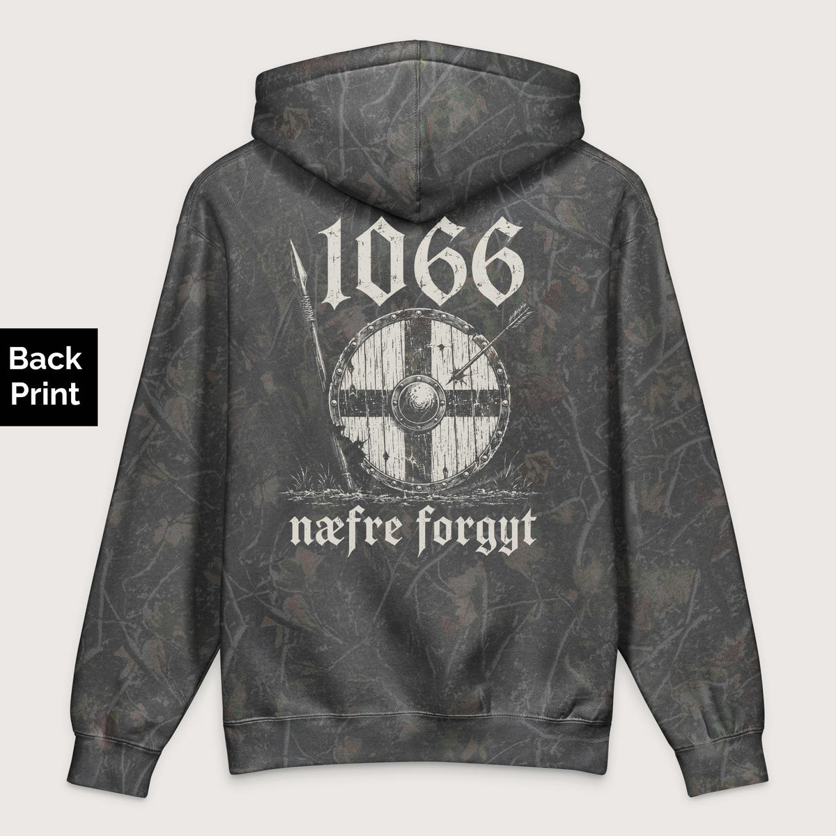 Darkwood Tree Camo 1066 Never Forget in Old English - Premium Hoodie - Back Print - history buff gift by HistoHead