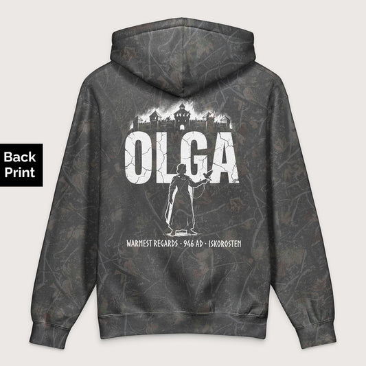 Darkwood Tree Camo Olga of Kiev Warmest Regards - Premium Hoodie - Back Print - history buff gift by HistoHead