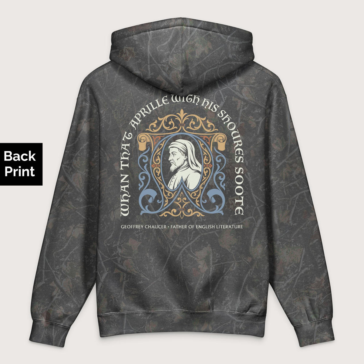 Darkwood Tree Camo Geoffrey Chaucer - Premium Hoodie - Back Print - history buff gift by HistoHead