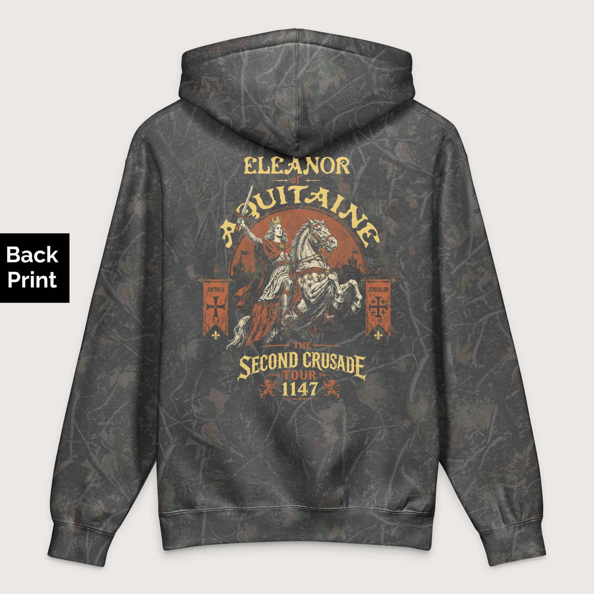 Darkwood Tree Camo Eleanor of Aquitaine Second Crusade Tour - Premium Hoodie - Back Print - history buff gift by HistoHead