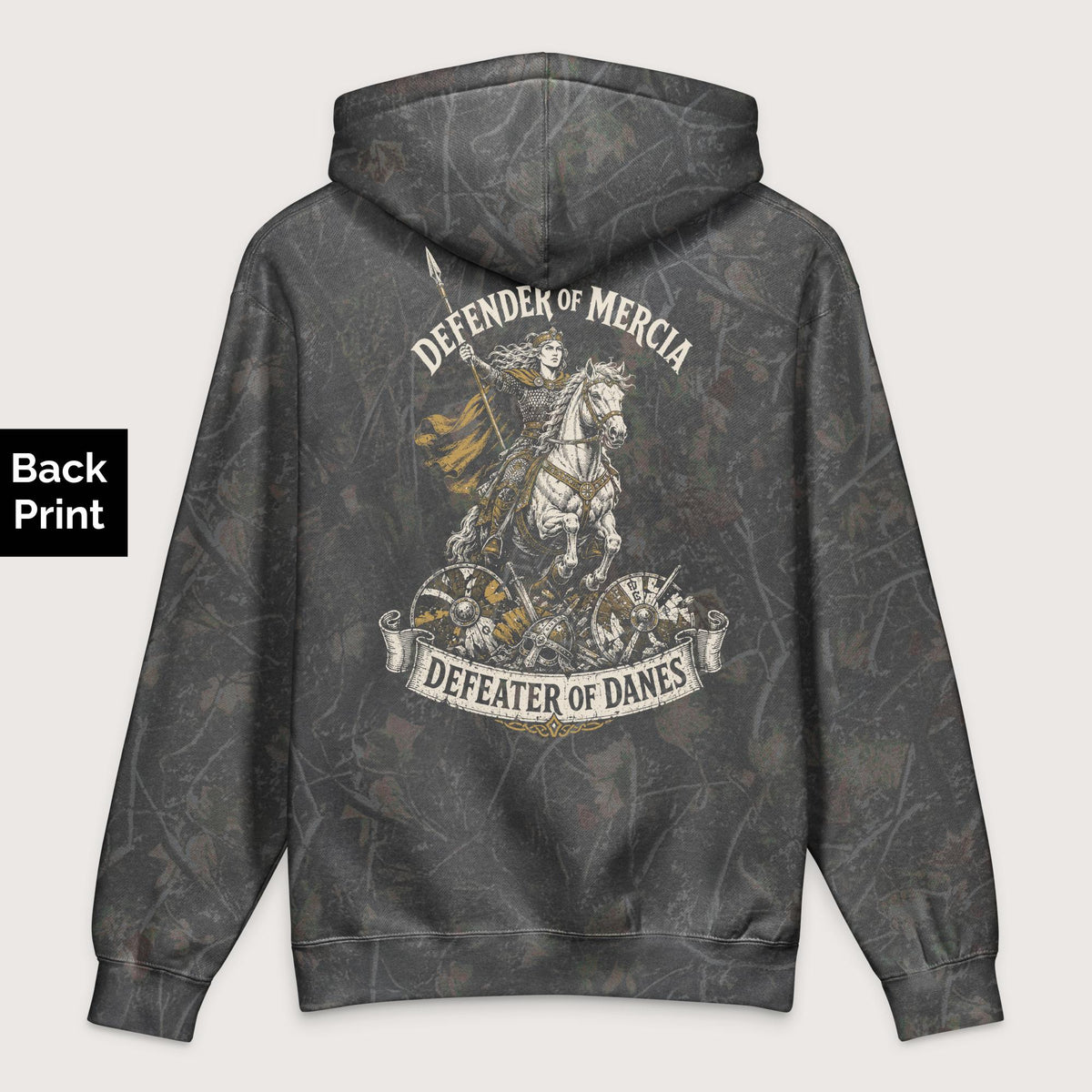 Darkwood Tree Camo Æthelflæd Defender of Mercia - Premium Hoodie - Back Print - history buff gift by HistoHead