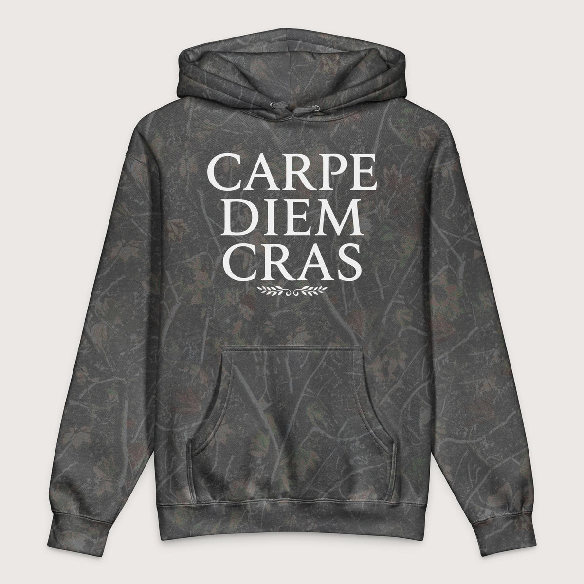 Darkwood Tree Camo Seize the Day Tomorrow in Latin - Premium Hoodie - history buff gift by HistoHead