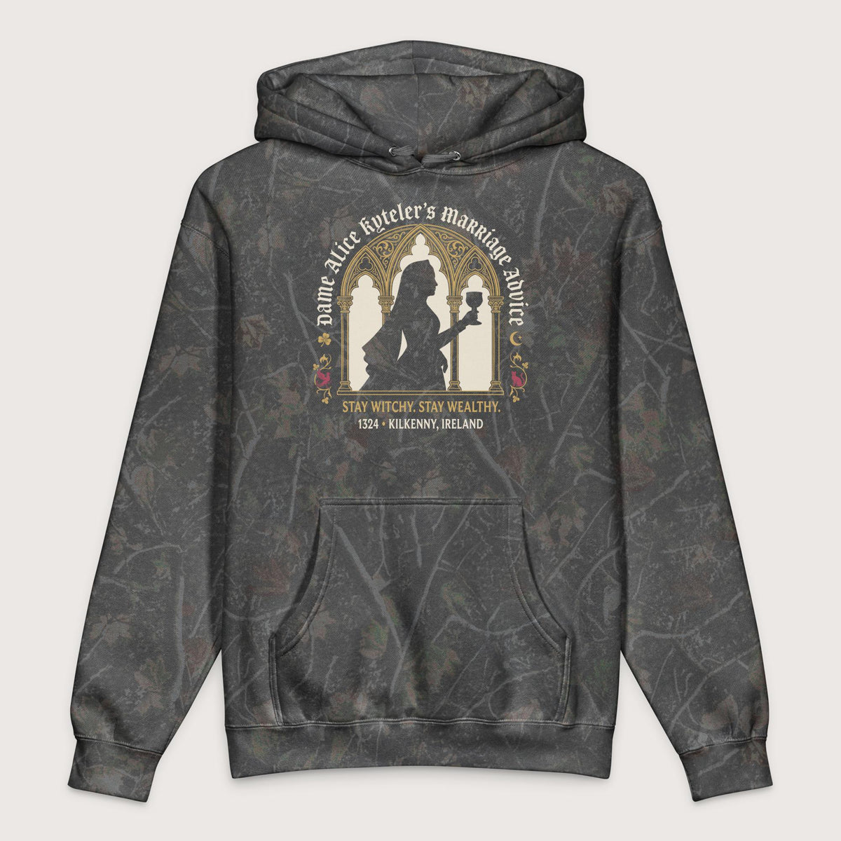 Darkwood Tree Camo Alice Kyteler's Marriage Advice - Premium Hoodie - history buff gift by HistoHead