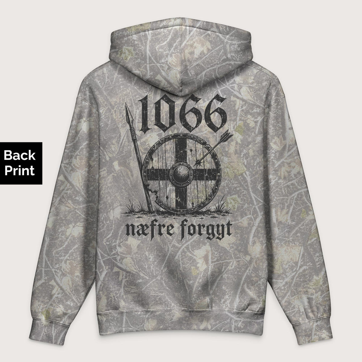 Deadwood Tree Camo 1066 Never Forget in Old English - Premium Hoodie - Back Print - history buff gift by HistoHead
