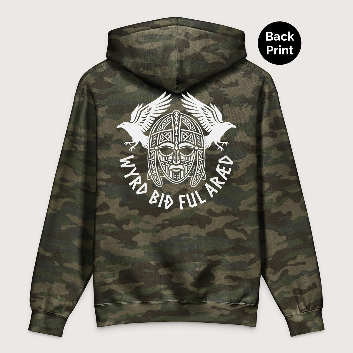 Forest Camo Wyrd Bið Ful Aræd Sutton Hoo Helmet Edition - Premium Hoodie - Back Print - history buff gift by HistoHead