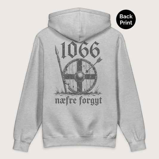 Grey Heather 1066 Never Forget in Old English - Premium Hoodie - Back Print - history buff gift by HistoHead
