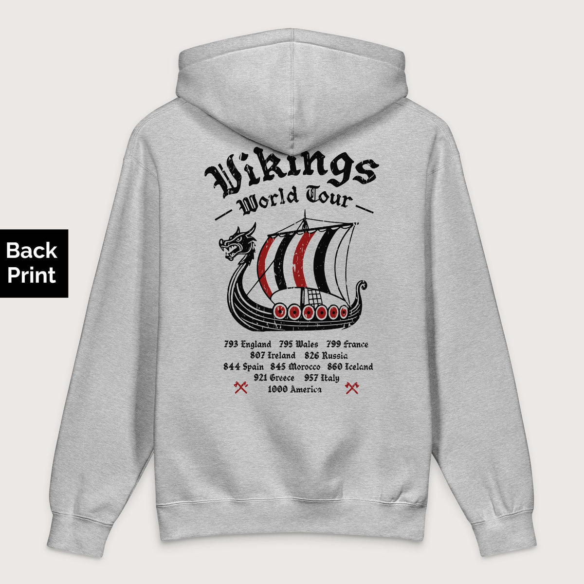 Grey Heather Vikings World Tour - Premium Hoodie - Back Print - history buff gift by HistoHead