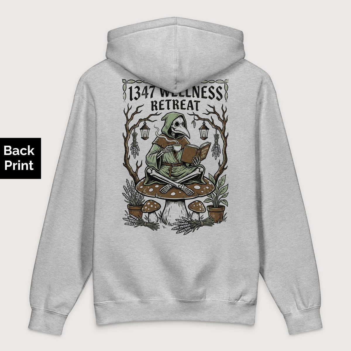 Grey Heather Plague Doctor Wellness Retreat - Premium Hoodie - Back Print - history buff gift by HistoHead