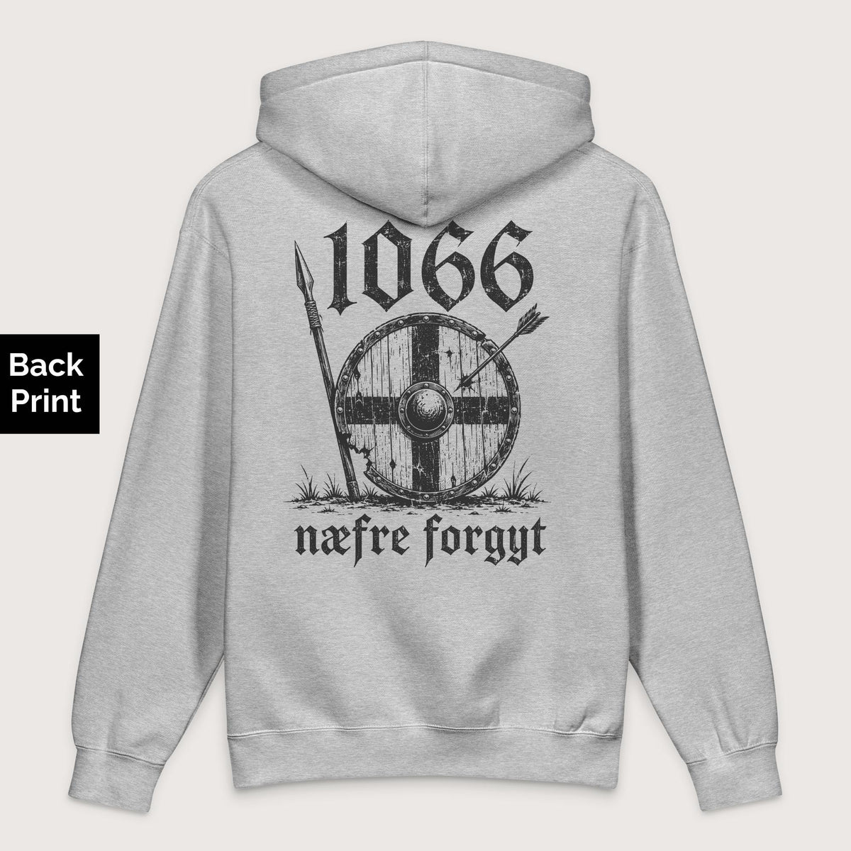 Grey Heather 1066 Never Forget in Old English - Premium Hoodie - Back Print - history buff gift by HistoHead