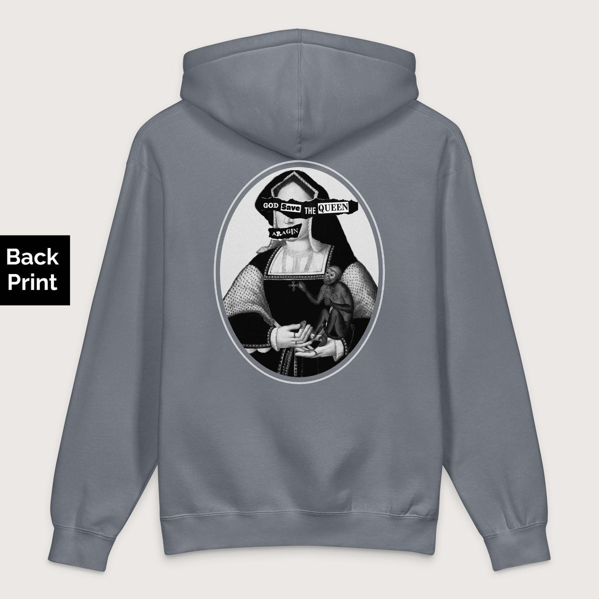 Storm Blue God Save the Queen Katherine of Aragon - Premium Hoodie - Back Print - history buff gift by HistoHead