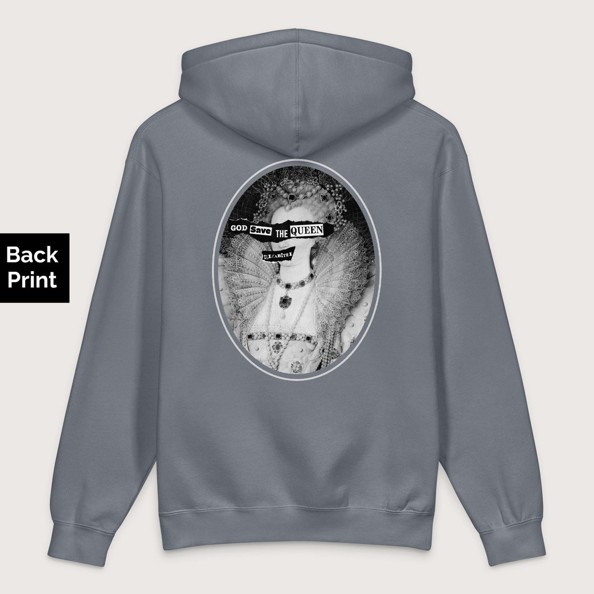 Storm Blue God Save the Queen Elizabeth I - Premium Hoodie - Back Print - history buff gift by HistoHead