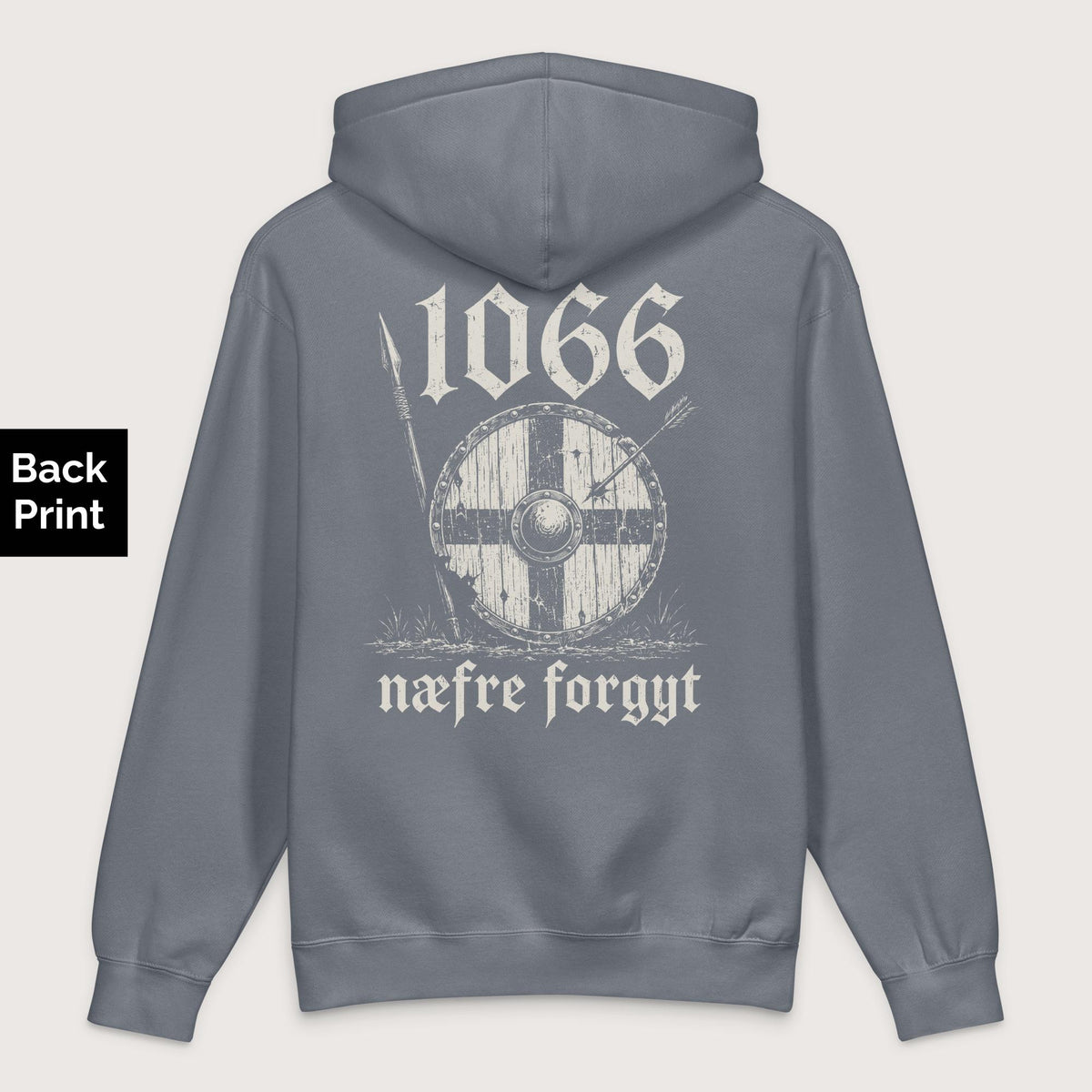 Storm Blue 1066 Never Forget in Old English - Premium Hoodie - Back Print - history buff gift by HistoHead
