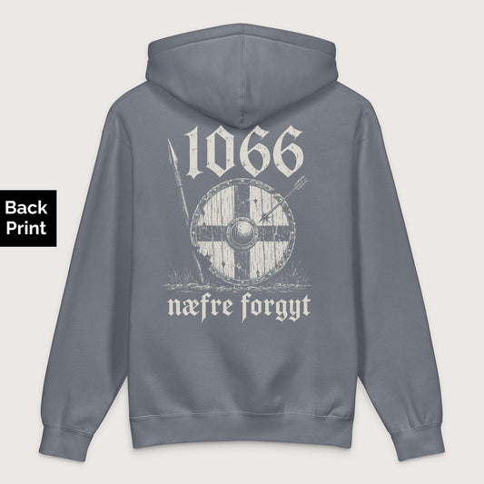 Storm Blue 1066 Never Forget in Old English - Premium Hoodie - Back Print - history buff gift by HistoHead