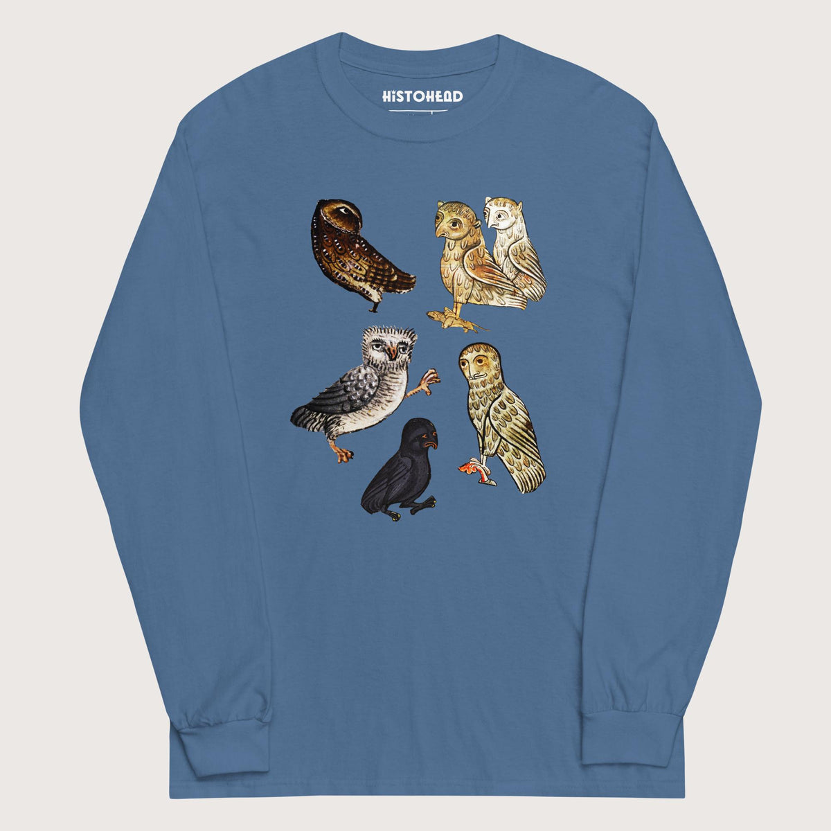 Indigo Blue Weird Medieval Owls - Long Sleeve - history buff gift by HistoHead