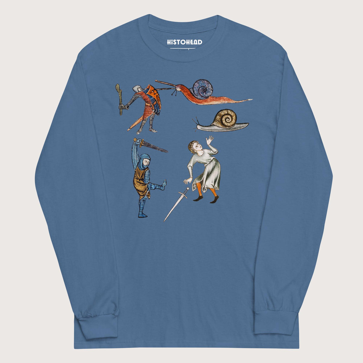 Indigo Blue Medieval Marginalia Snail Enemy - Long Sleeve - history buff gift by HistoHead