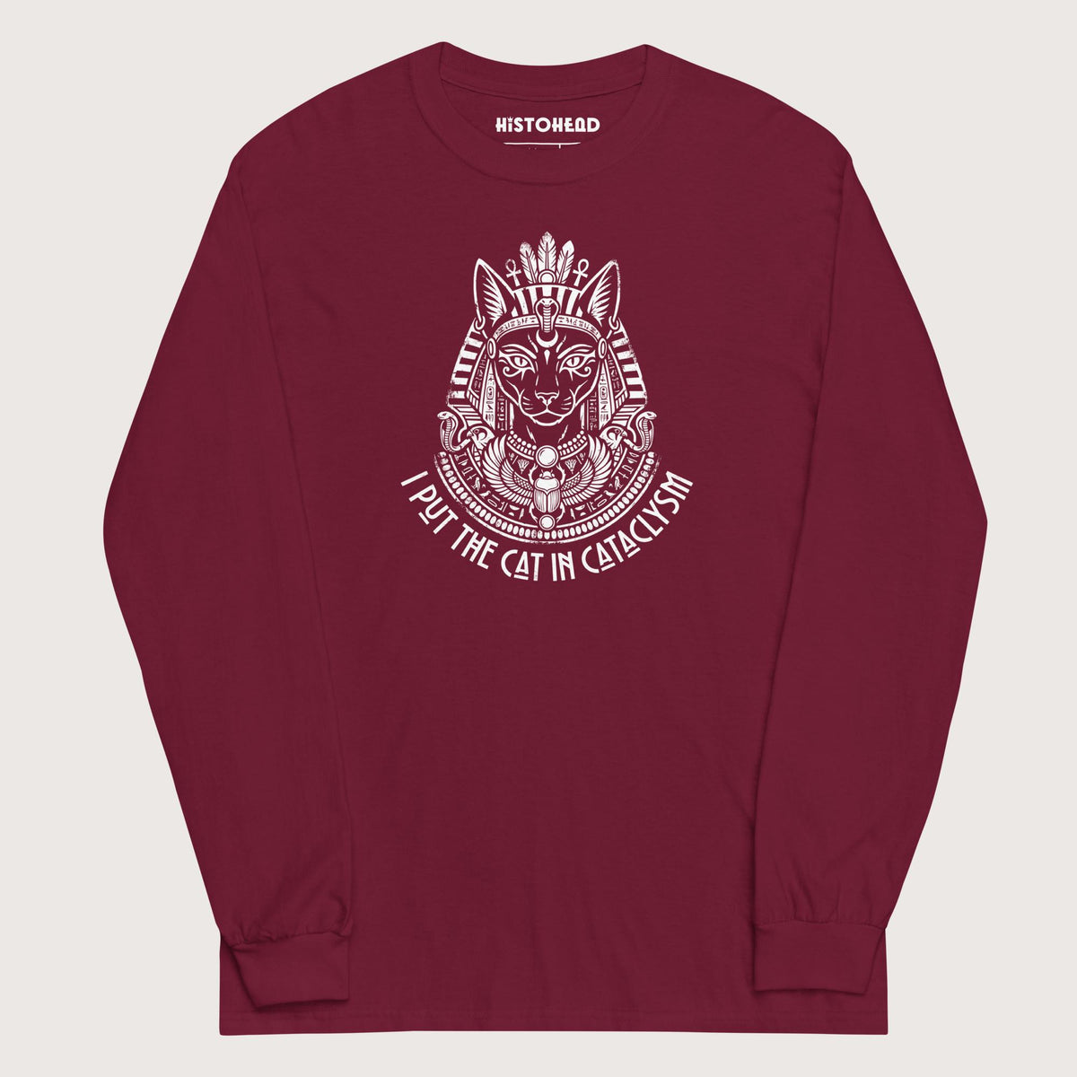 Maroon Bastet I Put the Cat in Cataclysm - Long Sleeve - history buff gift by HistoHead