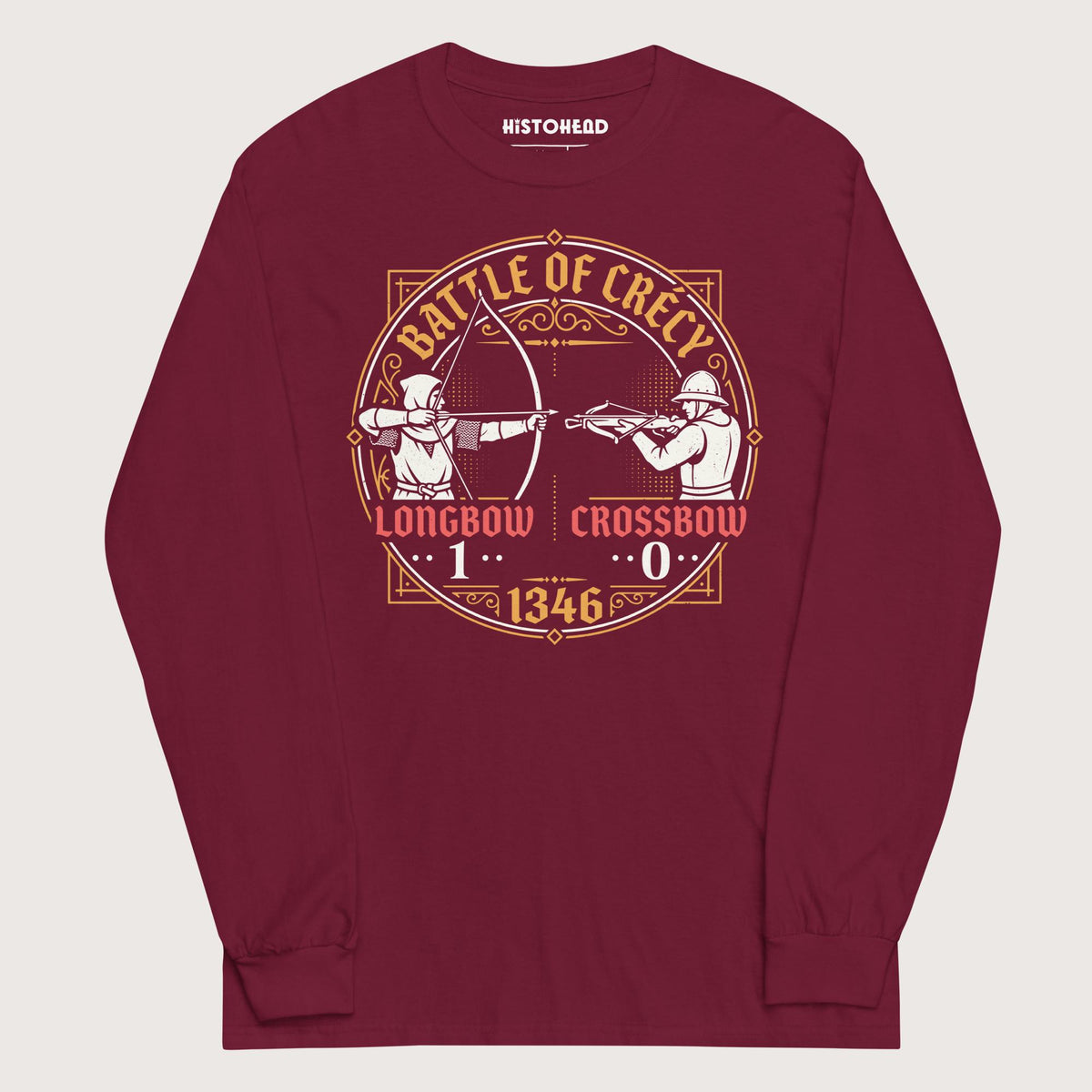 Maroon Battle of Crécy Longbow vs Crossbow - Long Sleeve - history buff gift by HistoHead