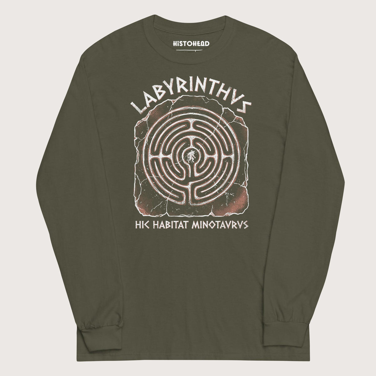 Military Green Labyrinthus Here Lives Minotaur - Long Sleeve - history buff gift by HistoHead