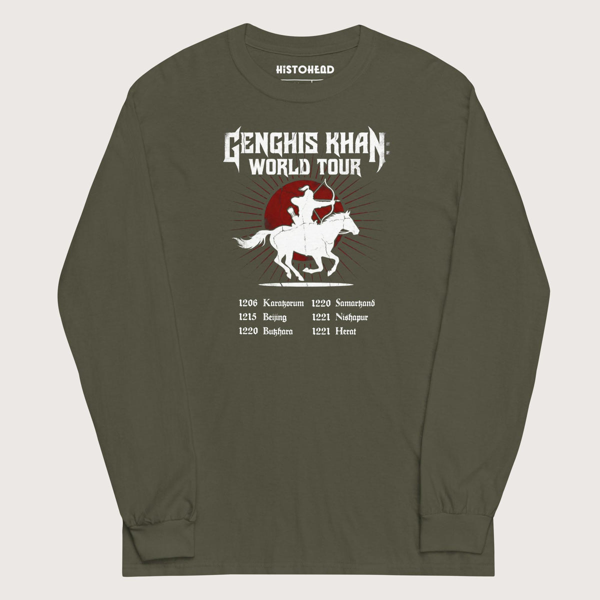 Military Green Genghis Khan World Tour - Long Sleeve - history buff gift by HistoHead