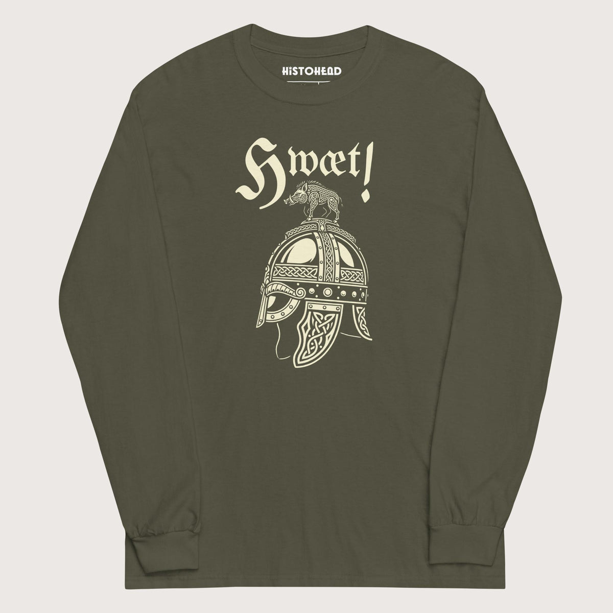Military Green Hwæt Boar-Crested Helmet - Long Sleeve - history buff gift by HistoHead