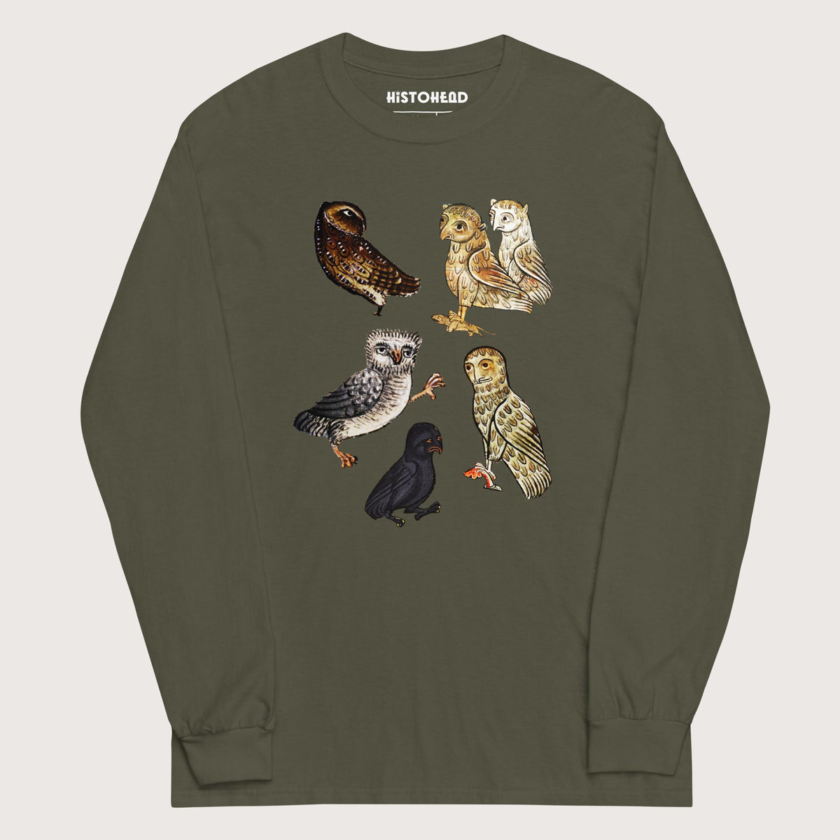 Military Green Weird Medieval Owls - Long Sleeve - history buff gift by HistoHead