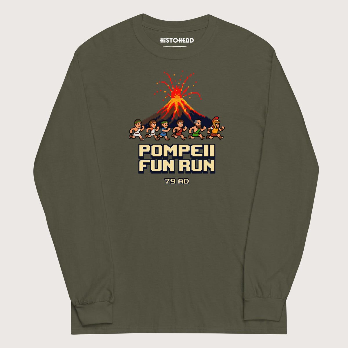 Military Green Pompeii Fun Run Pixel Art - Long Sleeve - history buff gift by HistoHead