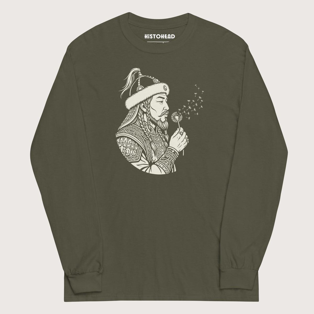 Military Green Genghis Khan Blowing Wishes - Long Sleeve - history buff gift by HistoHead