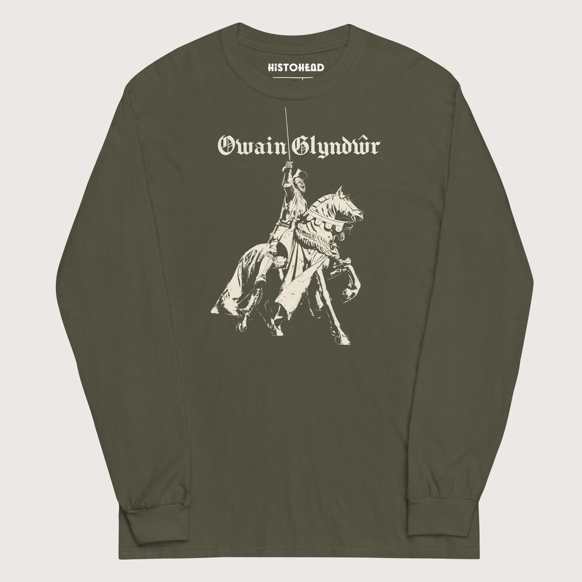 Military Green Owain Glyndŵr Statue - Long Sleeve - history buff gift by HistoHead