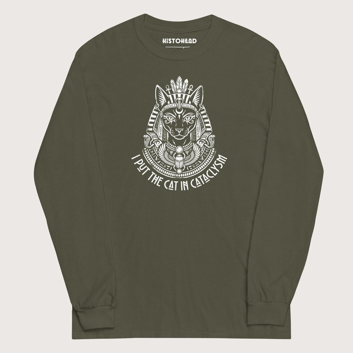 Military Green Bastet I Put the Cat in Cataclysm - Long Sleeve - history buff gift by HistoHead