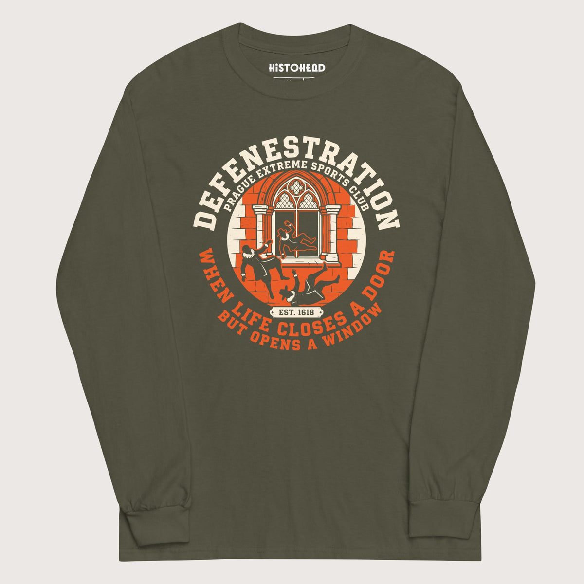 Military Green Defenestration Prague Extreme Sports Club - Long Sleeve - history buff gift by HistoHead