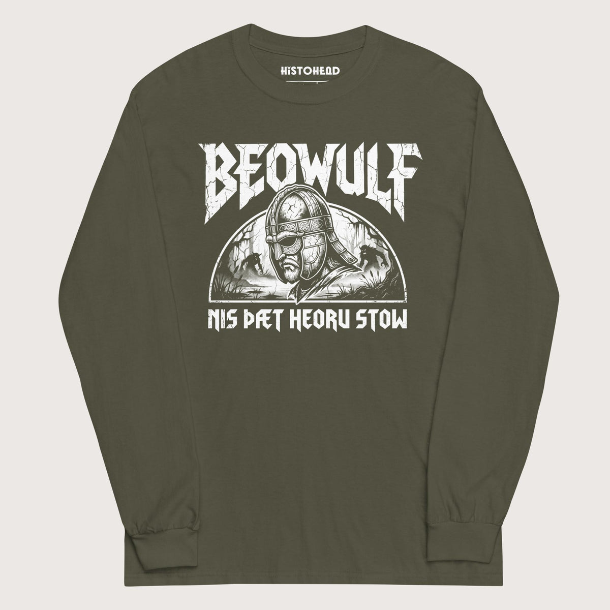 Military Green Beowulf That Is No Pleasant Place Old English - Long Sleeve - history buff gift by HistoHead