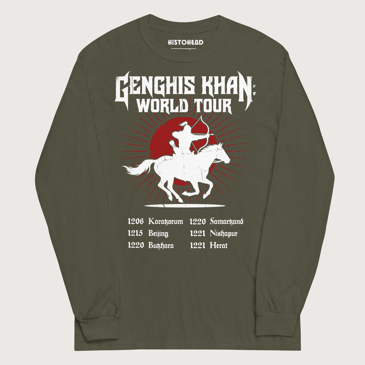 Military Green Genghis Khan World Tour - Long Sleeve - history buff gift by HistoHead