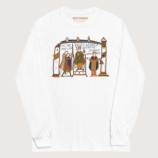 White Here Sits Throned Harold King of the English Bayeux Tapestry - Long Sleeve - history buff gift by HistoHead