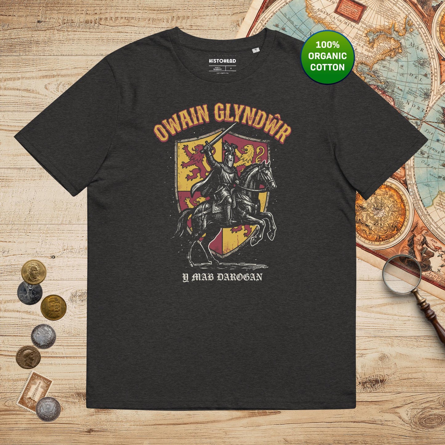 Dark Heather Grey Owain Glyndwr - Organic Tee - history buff gift by HistoHead