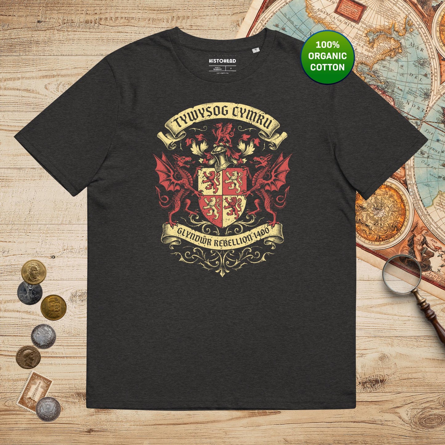 Dark Heather Grey Glyndwr Rebellion 1400 - Organic Tee - history buff gift by HistoHead