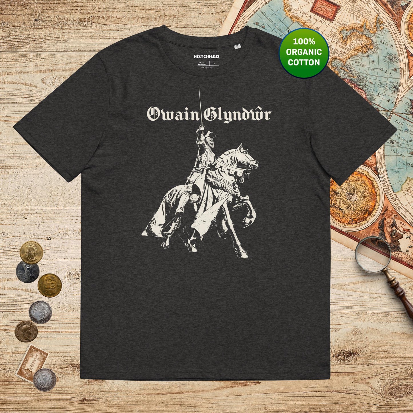 Dark Heather Grey Owain Glyndŵr Statue - Organic Tee - history buff gift by HistoHead