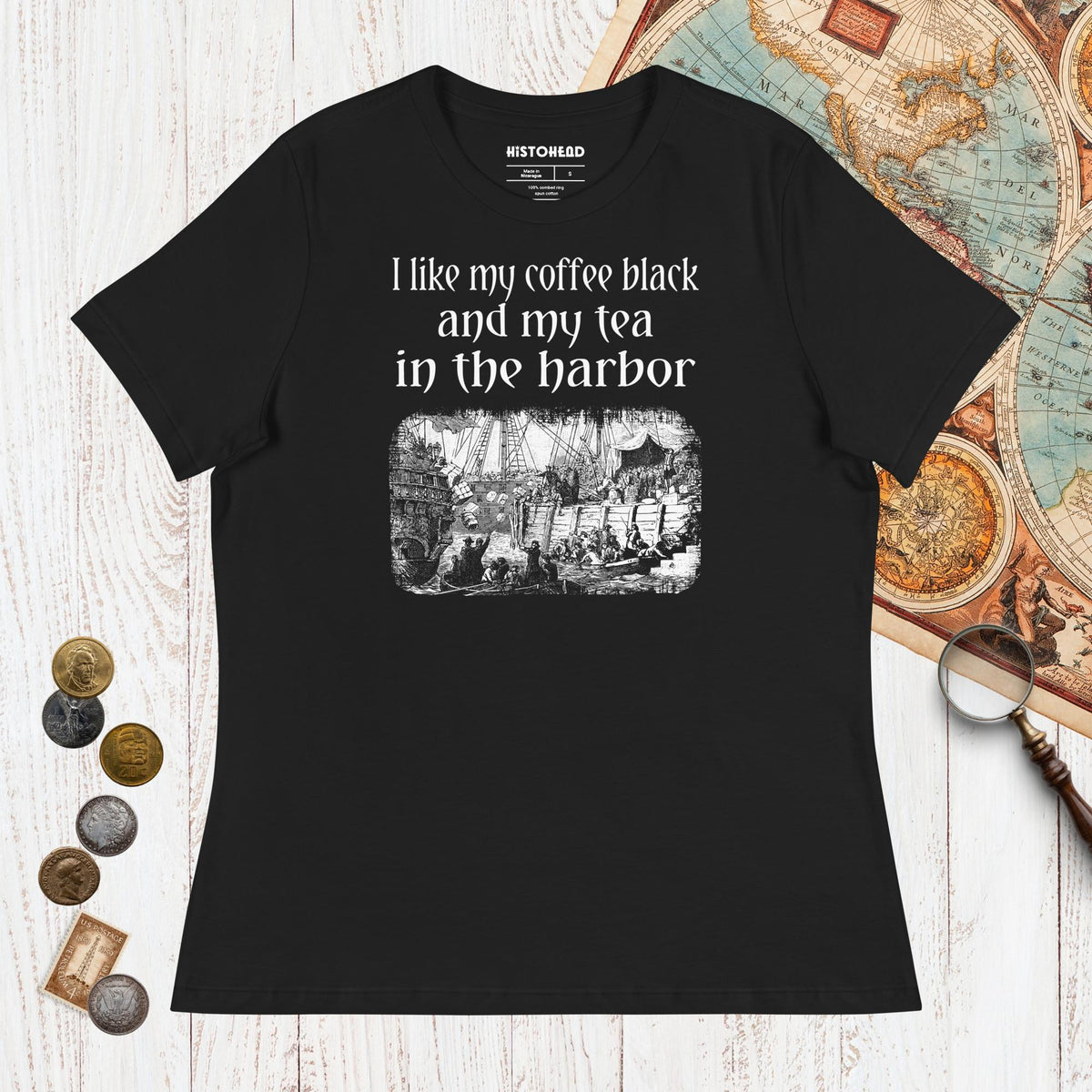 Black Coffee Black Tea in the Harbor - Women's Tee - history buff gift by HistoHead