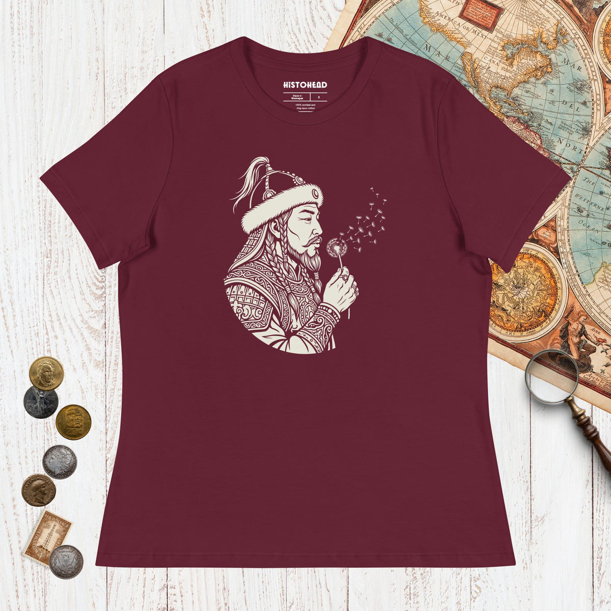 Maroon Genghis Khan Blowing Wishes - Women's Tee - history buff gift by HistoHead