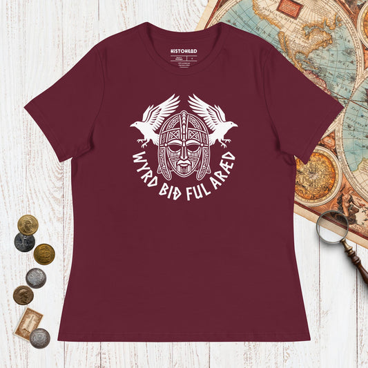 Maroon Wyrd Bið Ful Aræd Sutton Hoo Helmet Edition - Women's Tee - history buff gift by HistoHead