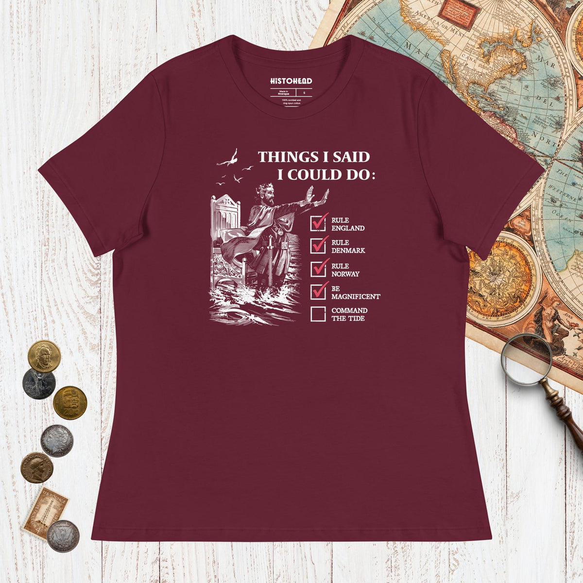 Maroon Cnut the Great Commanding the Tide - Women's Tee - history buff gift by HistoHead