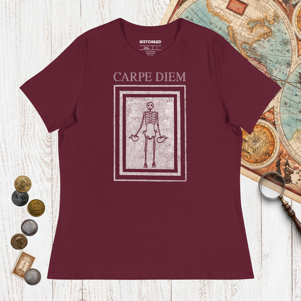 Maroon Carpe Diem Skeleton - Women's Tee - history buff gift by HistoHead