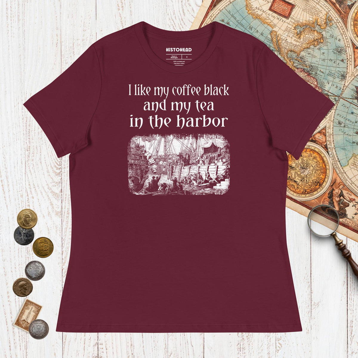 Maroon Coffee Black Tea in the Harbor - Women's Tee - history buff gift by HistoHead